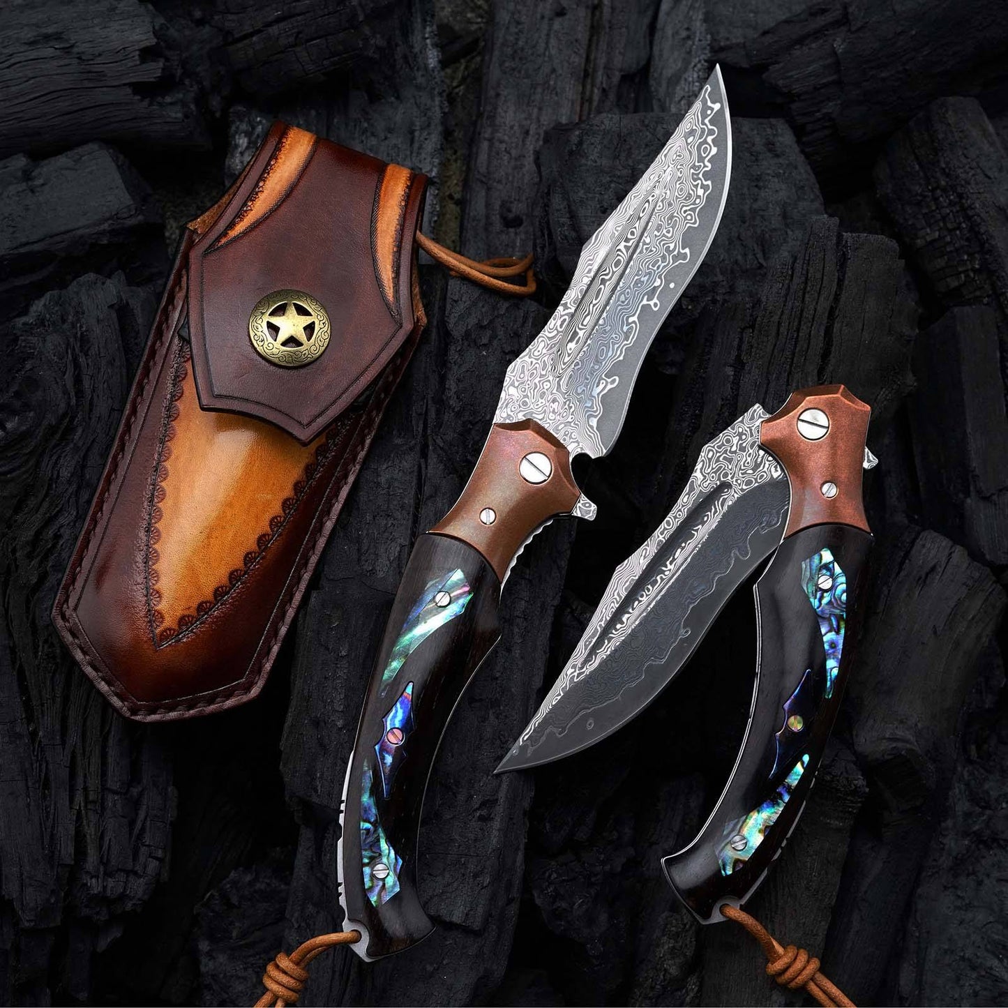 SPIRIT DEED 4.3 Inch Japanese Folding Knife, Damascus Powder Steel, Ebony Handle, Lined Lock