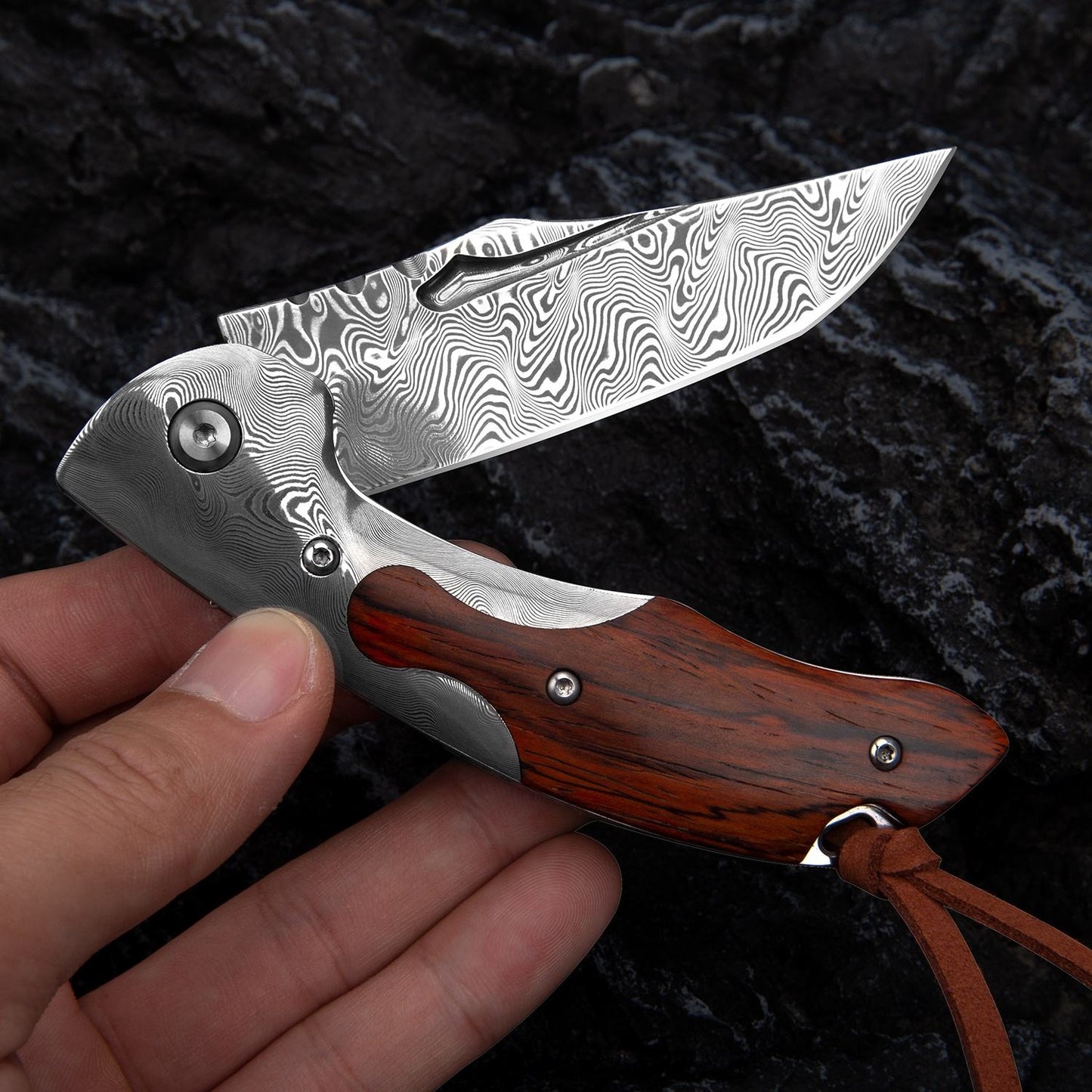 SPIRIT DEED 3.4 in Japanese Handmade Folding Pocket Knife,110 Layers Damascus Steel,Rosewood Handle,Liner Lock,Leather Sheath