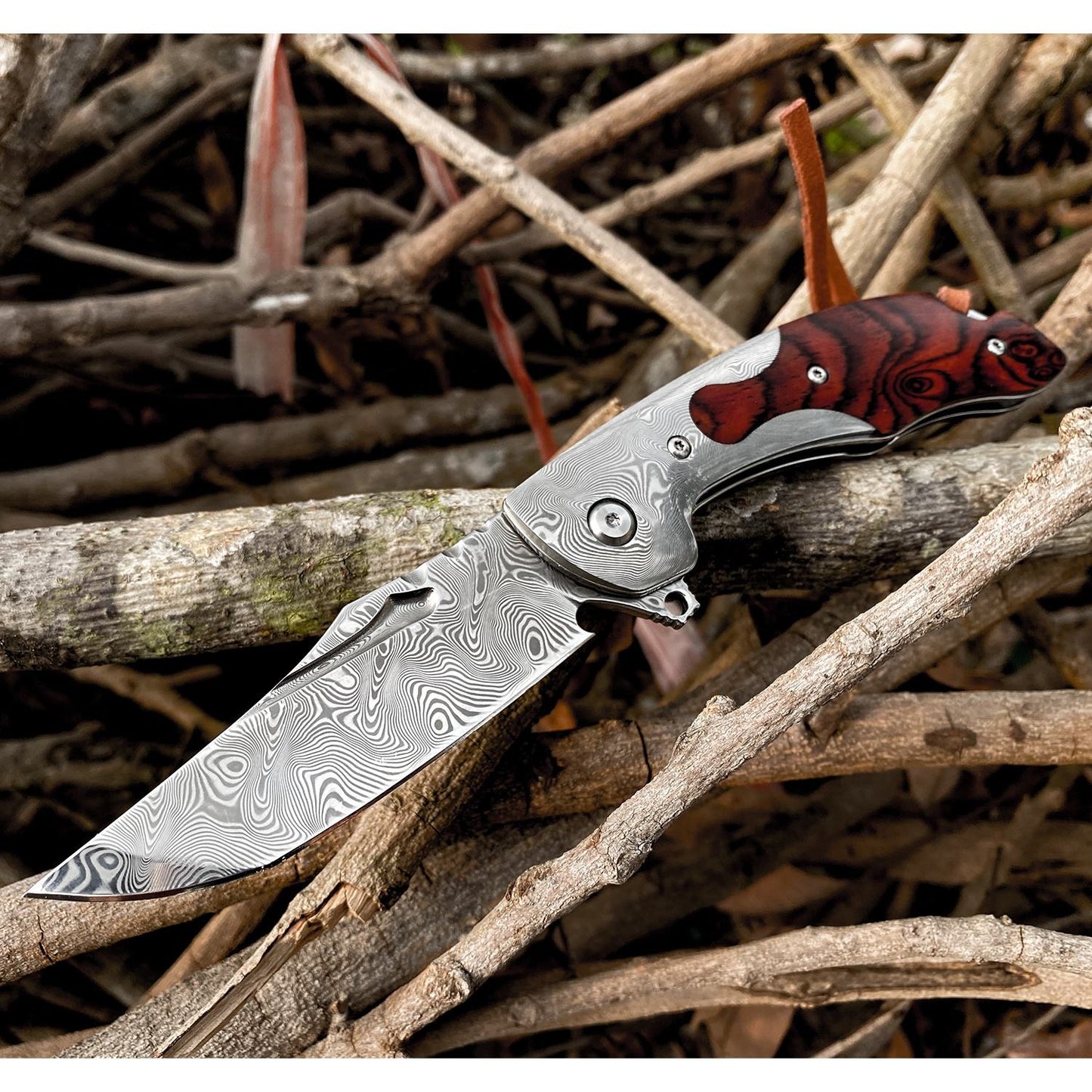 SPIRIT DEED 3.4 in Japanese Handmade Folding Pocket Knife,110 Layers Damascus Steel,Rosewood Handle,Liner Lock,Leather Sheath