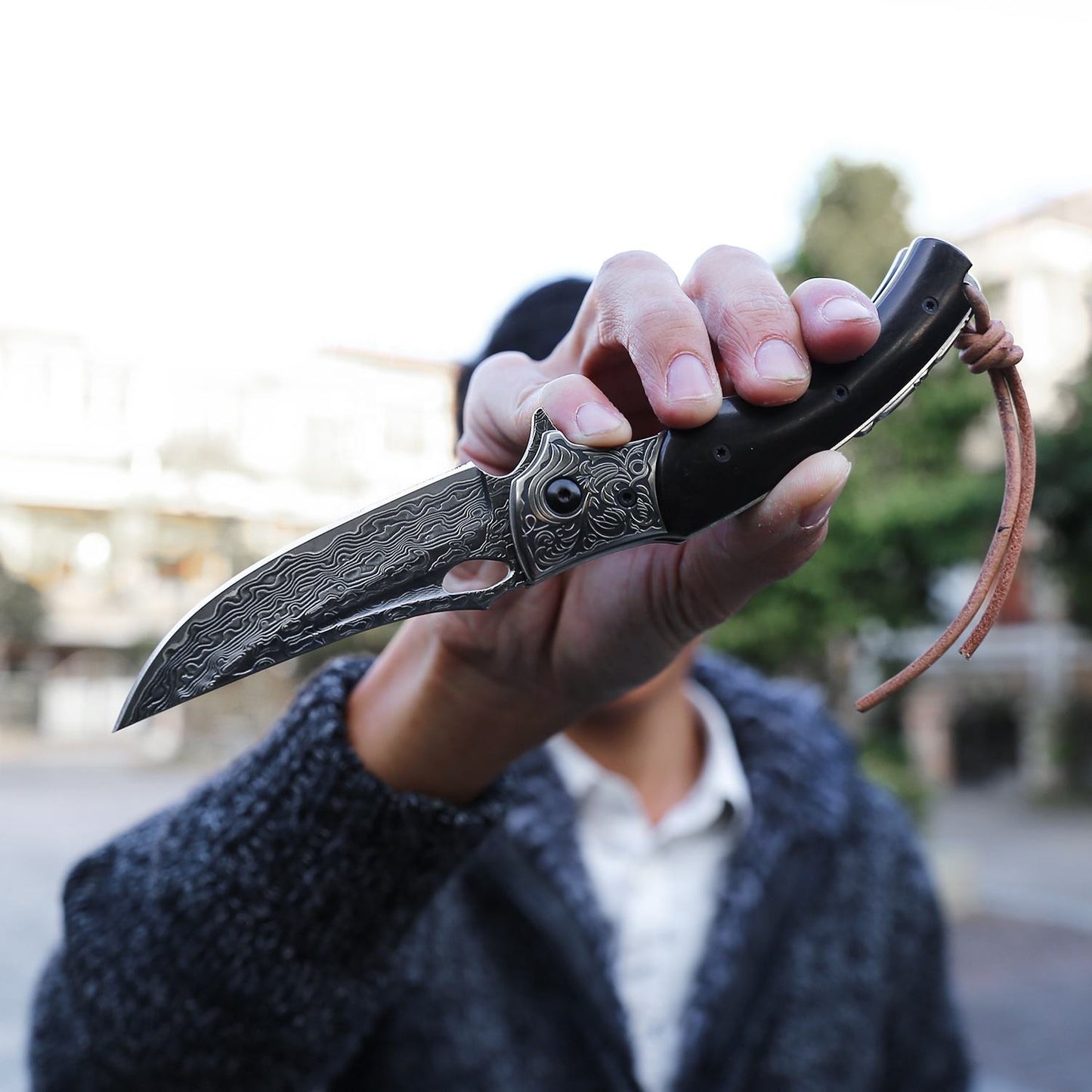 SPIRIT DEED 3.5in Handmade Japanese Folding Pocket Knife,Vg10 Damascus Steel Blade, Ebony Wood Handle,Liner Lock