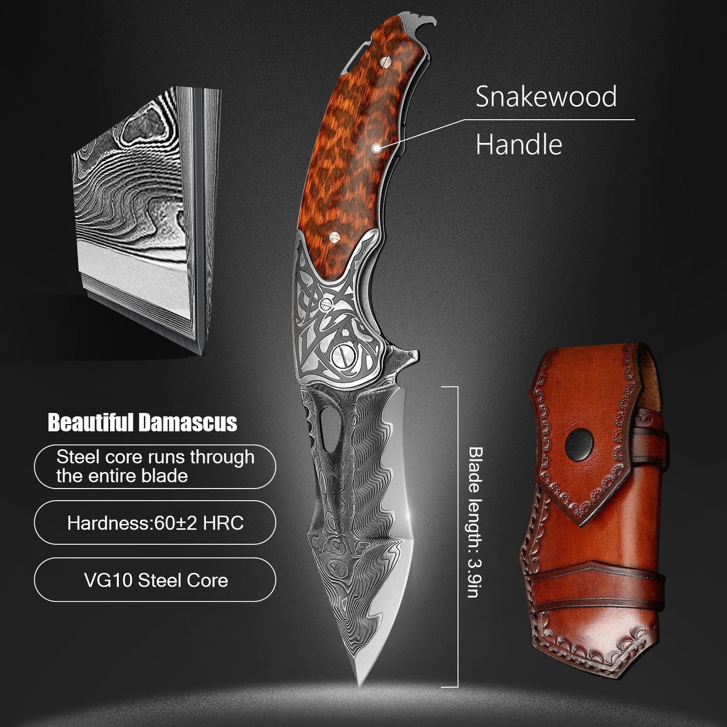 3.9 Inch Outdoor Pocket Knife,VG10 Core Damascus Steel, Snakewood Handle