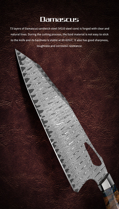 10 Inch Japanese chef's knife, Damascus Steel, Solidified Maple Wood with Mammoth Stone