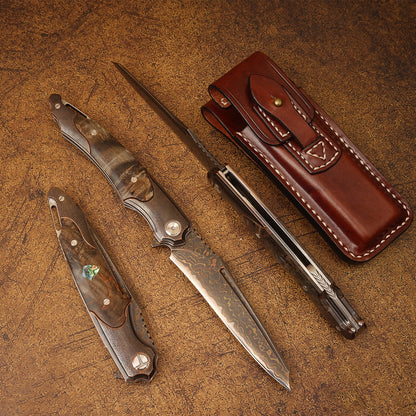 Spirit deed copper Damascus steel antique craft stable wooden belt leather cover can be used for outdoor camping, wild folding knife