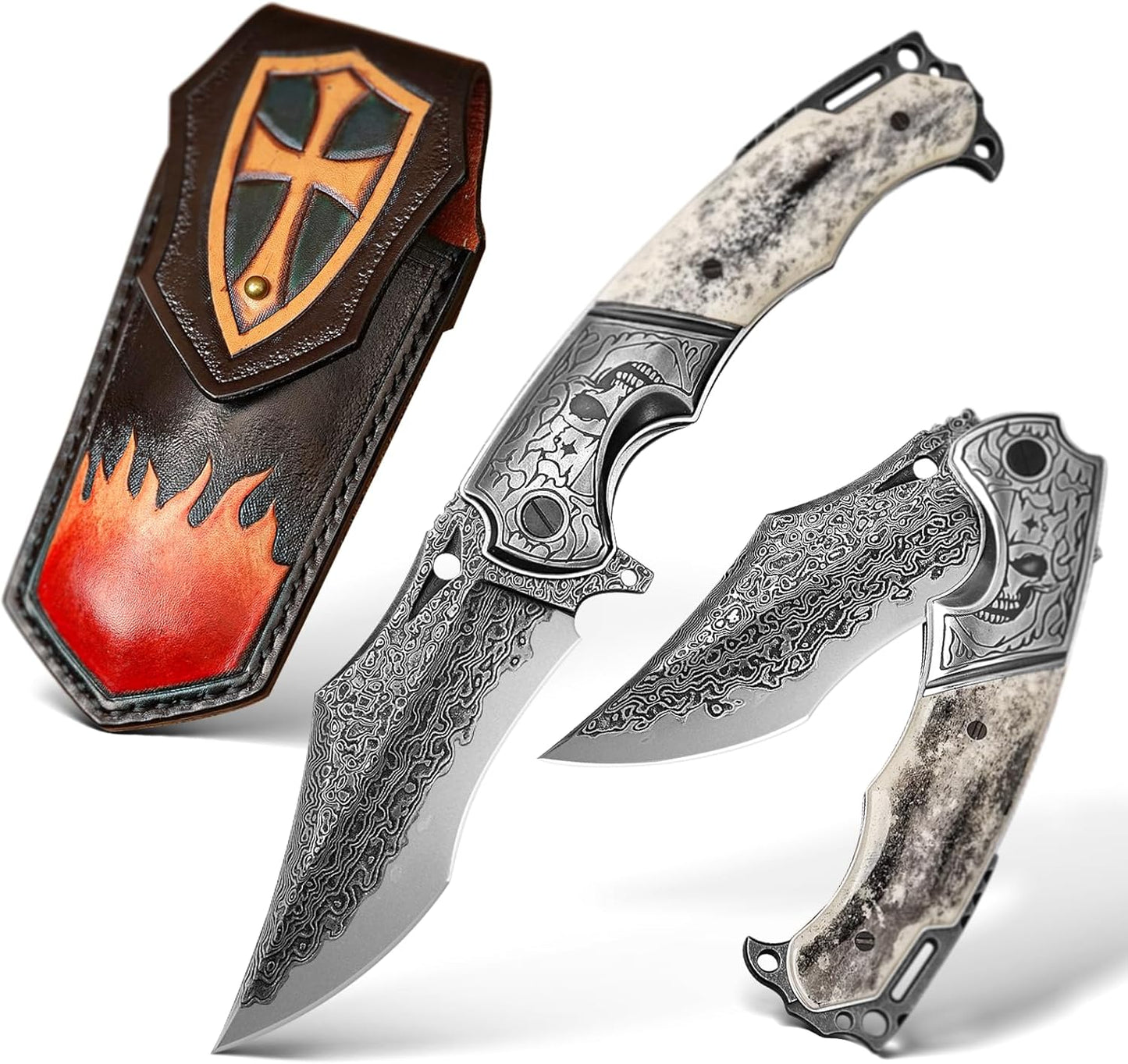 SPIRIT DEED 4.13-inch outdoor camping survival folding knife, VG10 laminated Damascus steel, dyed camel bone handle