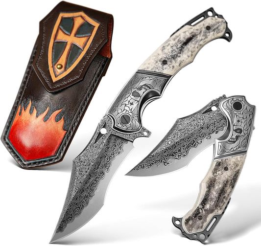 SPIRIT DEED 4.13-inch outdoor camping survival folding knife, VG10 laminated Damascus steel, dyed camel bone handle