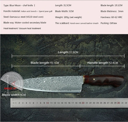 7.5 Inch Full Tang Damascus Steel Chef Knife,VG10 Steel Core, Acid Branch Wood