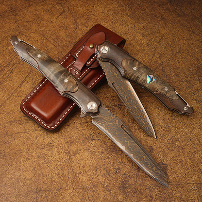 Spirit deed copper Damascus steel antique craft stable wooden belt leather cover can be used for outdoor camping, wild folding knife