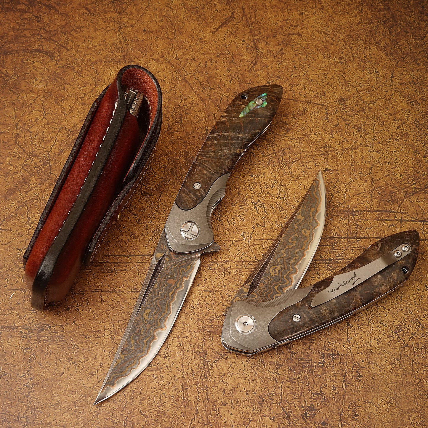Spirit deed Damascus Steel Folding Knife with Leather Sheath Golden Lizard Series  VG10 Core TC4 Titanium, Wood & Shell Handle – EDC Gift for Men