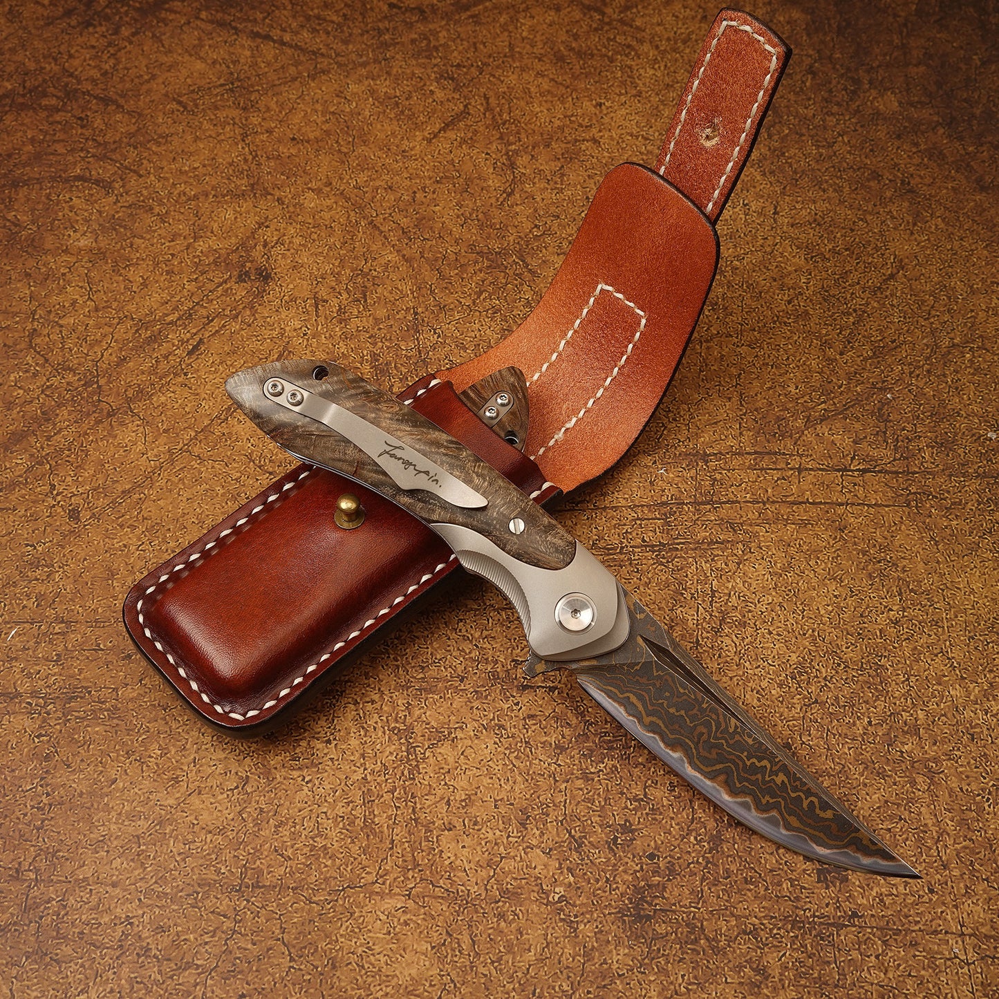 Spirit deed VG10 copper Damascus steel folding knife auspicious cloud pattern, mirror polished, TC4 titanium alloy and stable wooden handle, handmade leather sheath