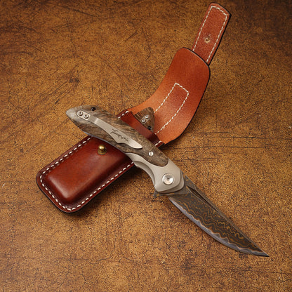 Spirit deed VG10 copper Damascus steel folding knife auspicious cloud pattern, mirror polished, TC4 titanium alloy and stable wooden handle, handmade leather sheath