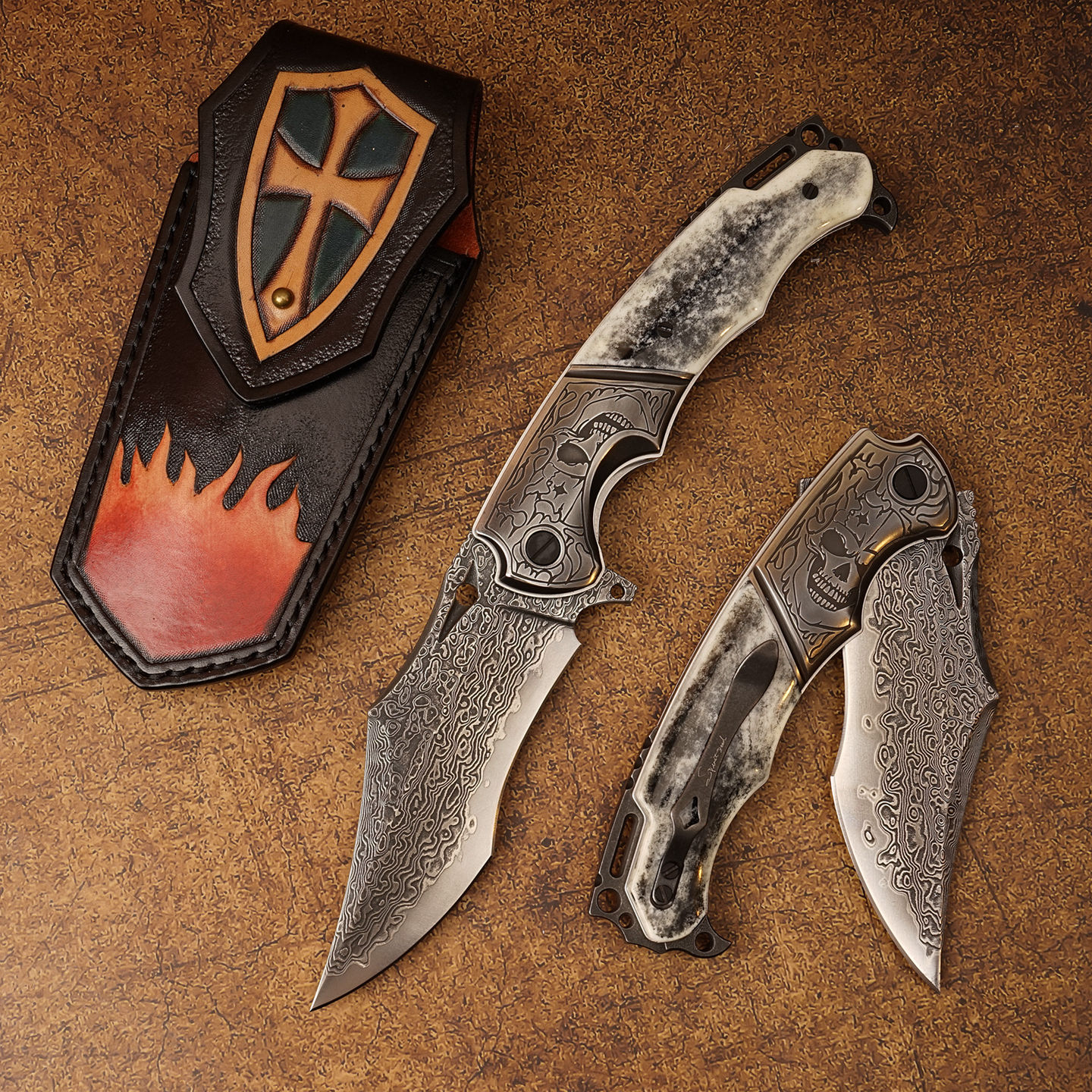 SPIRIT DEED 4.13-inch outdoor camping survival folding knife, VG10 laminated Damascus steel, dyed camel bone handle