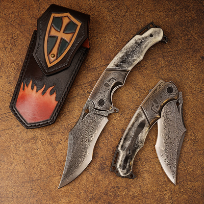SPIRIT DEED 4.13-inch outdoor camping survival folding knife, VG10 laminated Damascus steel, dyed camel bone handle