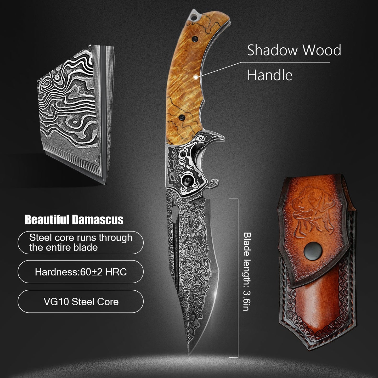 SPIRIT DEED 3.62 Inch Portable Folding Pocket Knife, Damascus Steel 67 Layers, Stable Handle, Clip