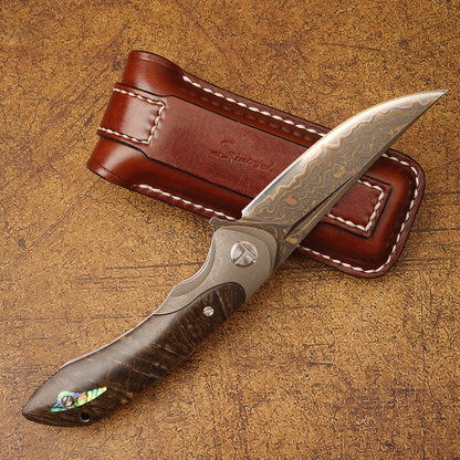 Spirit deed Damascus Steel Folding Knife with Leather Sheath Golden Lizard Series  VG10 Core TC4 Titanium, Wood & Shell Handle – EDC Gift for Men