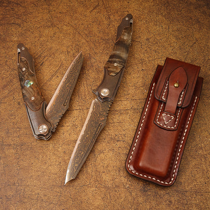 Spirit deed copper Damascus steel antique craft stable wooden belt leather cover can be used for outdoor camping, wild folding knife