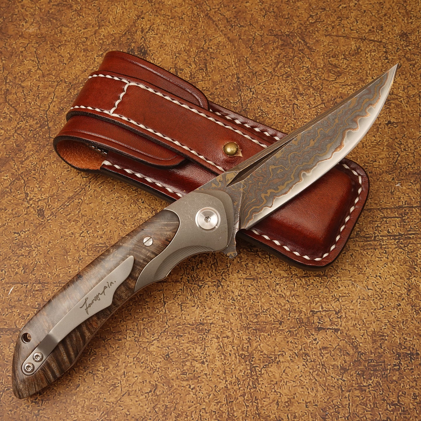 Spirit deed Damascus Steel Folding Knife with Leather Sheath Golden Lizard Series  VG10 Core TC4 Titanium, Wood & Shell Handle – EDC Gift for Men
