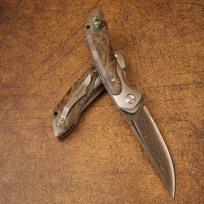 Spirit deed VG10 copper Damascus steel folding knife auspicious cloud pattern, mirror polished, TC4 titanium alloy and stable wooden handle, handmade leather sheath