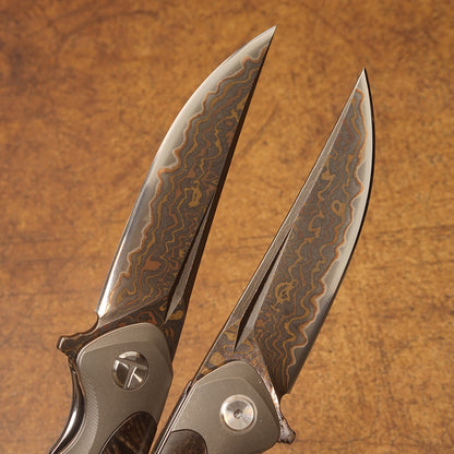 Spirit deed Damascus Steel Folding Knife with Leather Sheath Golden Lizard Series  VG10 Core TC4 Titanium, Wood & Shell Handle – EDC Gift for Men