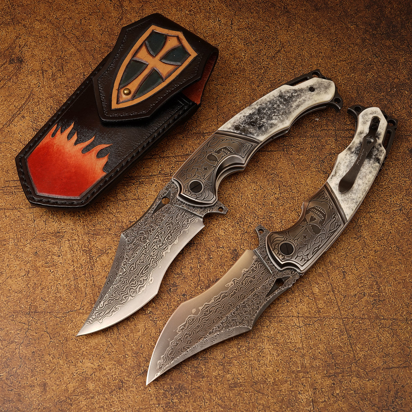 SPIRIT DEED 4.13-inch outdoor camping survival folding knife, VG10 laminated Damascus steel, dyed camel bone handle