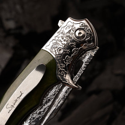 SPIRIT DEED 3.62 Inch Portable Folding Pocket Knife, Damascus Steel 67 Layers, Dyed Cow Bone Handle, Clip
