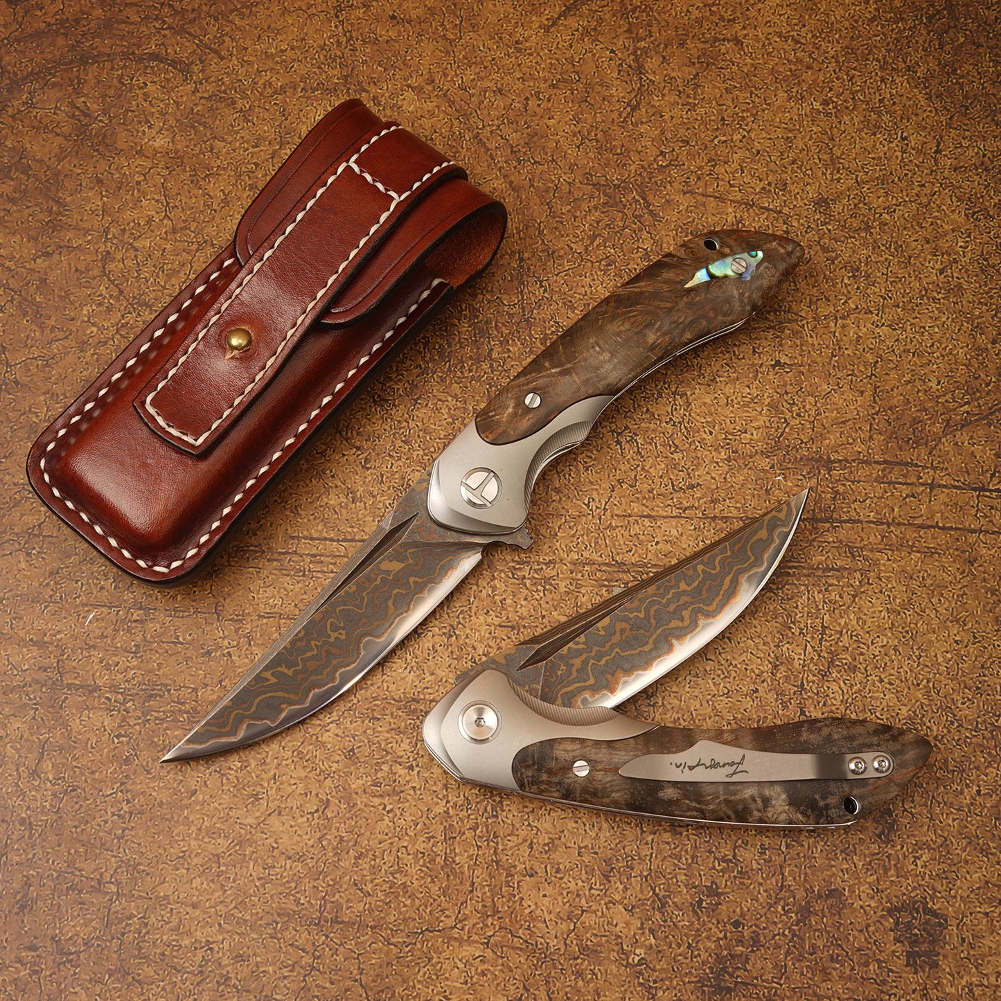 Spirit deed VG10 copper Damascus steel folding knife auspicious cloud pattern, mirror polished, TC4 titanium alloy and stable wooden handle, handmade leather sheath