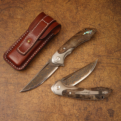 Spirit deed VG10 copper Damascus steel folding knife auspicious cloud pattern, mirror polished, TC4 titanium alloy and stable wooden handle, handmade leather sheath