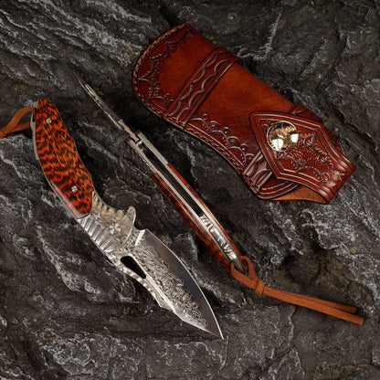 3.54Inch Handmade EDC Tactical Folding Knife,Damascus Steel Blade, Snake Wood Handle