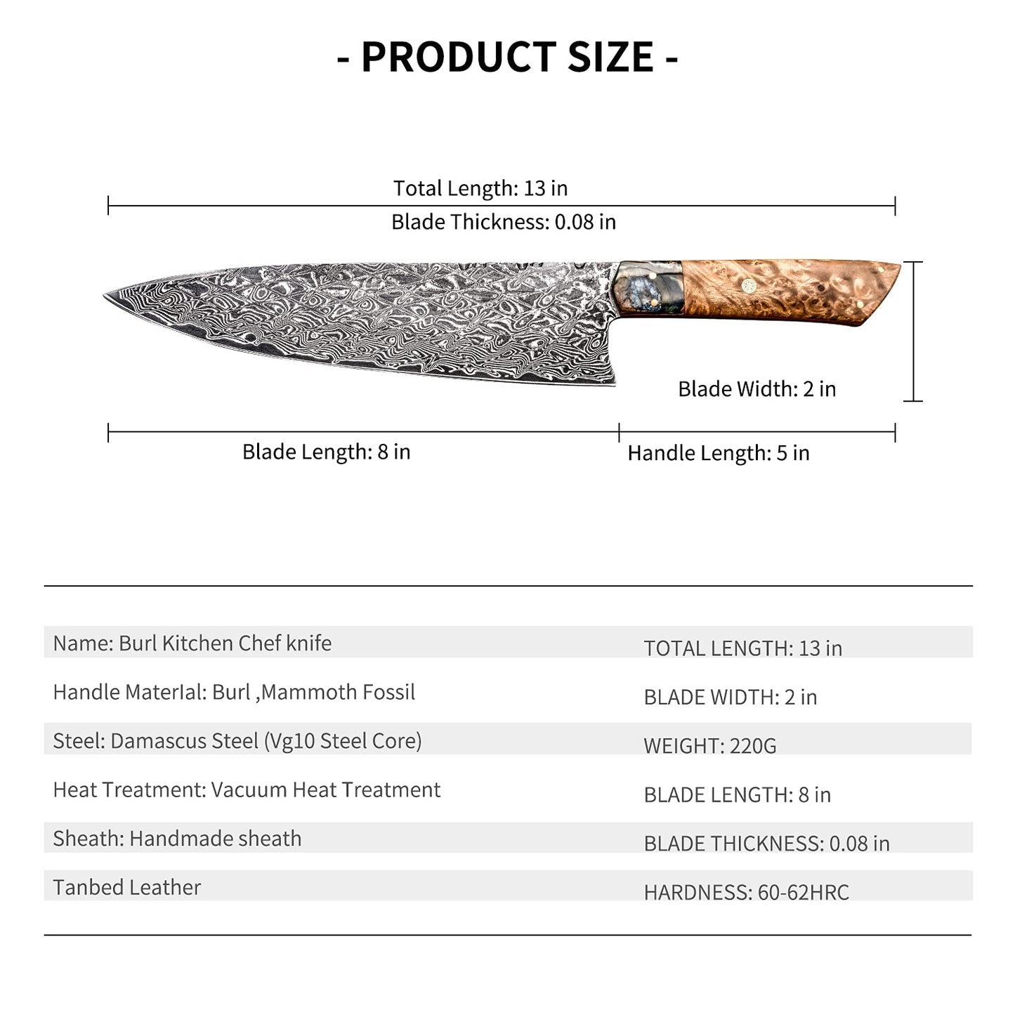 8.3 Inch Full Tang Japanese Chef Knife,VG10 Damascus Steel Blade,Burl Wood Handle