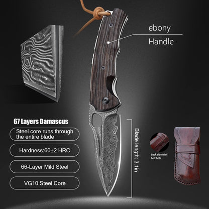 SPIRIT DEED 3in Handmade VG 10 Damascus Steel Knife Pocket Knife,  Ebony Handle, with Liner Lock,Leather Case