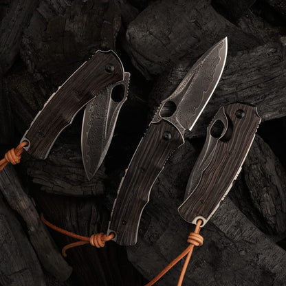 SPIRIT DEED 3in Handmade VG 10 Damascus Steel Knife Pocket Knife,  Ebony Handle, with Liner Lock,Leather Case