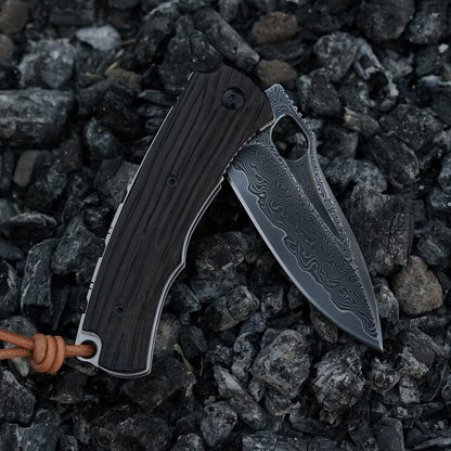 SPIRIT DEED 3in Handmade VG 10 Damascus Steel Knife Pocket Knife,  Ebony Handle, with Liner Lock,Leather Case