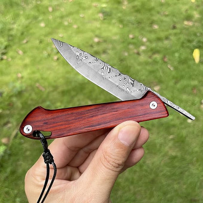 3.1 inch Handmade EDC Pocket Knife, Damascus Steel Blade, Rosewood Wooden Handle