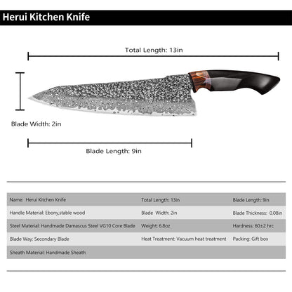 8.5inch Japanese chef's knife,  Damascus Steel VG10 Core Blade,Ebony Wood Handle