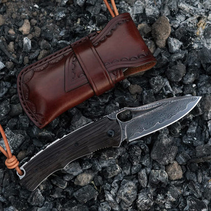 SPIRIT DEED 3in Handmade VG 10 Damascus Steel Knife Pocket Knife,  Ebony Handle, with Liner Lock,Leather Case