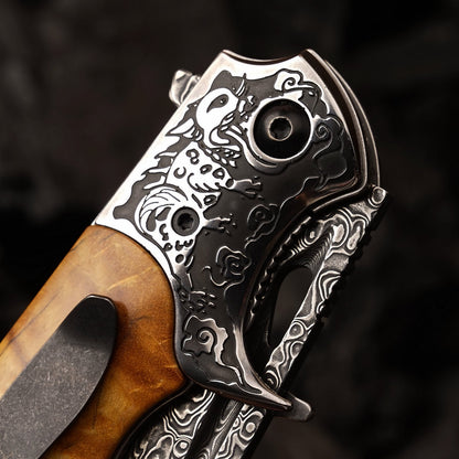 SPIRIT DEED 3.62 Inch Portable Folding Pocket Knife, Damascus Steel 67 Layers, Stable Handle, Clip