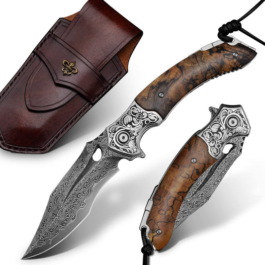 SPIRIT DEED 3.74 Inch Handmade Japanese Folding Knife, VG10 Damascus Steel ,Liner Lock, Maple Handle