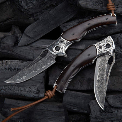 SPIRIT DEED 3.5in Handmade Japanese Folding Pocket Knife,Vg10 Damascus Steel Blade, Ebony Wood Handle,Liner Lock