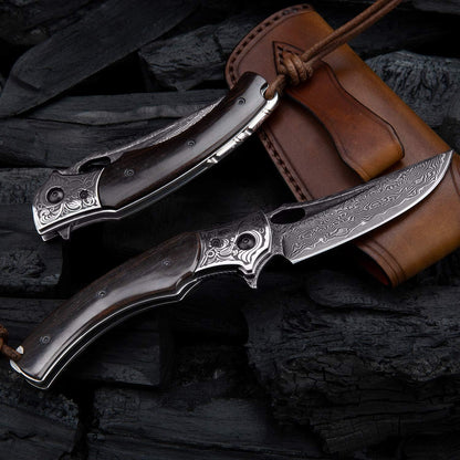 SPIRIT DEED 3.5in Handmade Japanese Folding Pocket Knife,Vg10 Damascus Steel Blade, Ebony Wood Handle,Liner Lock