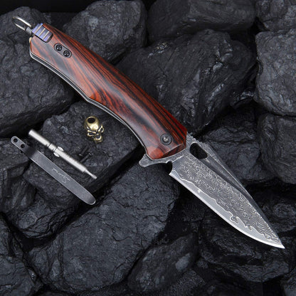 SPIRIT DEED 3 Inch Japanese Pocket Folding Knife,Vg10 Damascus Steel ,Rosewood Handle,Leather Sheath