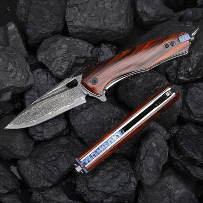 SPIRIT DEED 3 Inch Japanese Pocket Folding Knife,Vg10 Damascus Steel ,Rosewood Handle,Leather Sheath