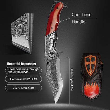 SPIRIT DEED 4.13 Inch Japanese Pocket Folding Knives,67 Layers Forged Pattern Damascus Steel ,Dyed Bone handle