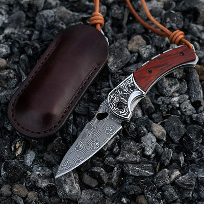 2.7 in Japanese Folding Pocket Knife,103 Layers Damascus Steel,Rosewood Handle,Liner Lock,Leather Sheath