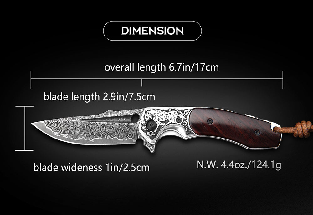 Handmade Japanese Vg10 Damascus Steel Pocket Knife,Rosewood Handle,Sheath,Liner Lock,