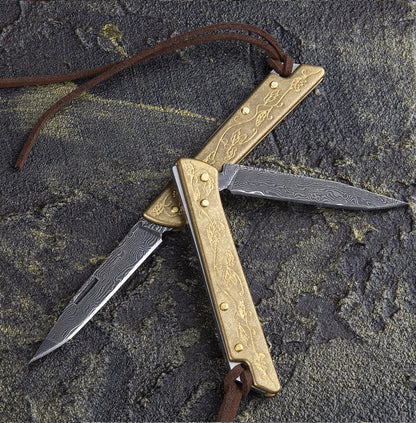 2.1 in Japanese Mini  Keychain Folding Pocket Knife,67 Layers Damascus Steel,Copper Handle