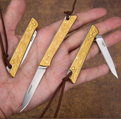2.1 in Japanese Mini  Keychain Folding Pocket Knife,14C27 Steel Blade,Copper Handle