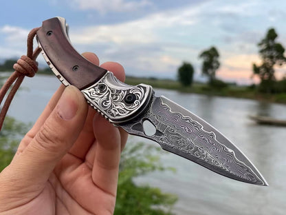 2.83 in Japanese Folding Pocket Knife,67 Layers Damascus Steel,Rosewood Handle,Liner Lock,Leather Sheath