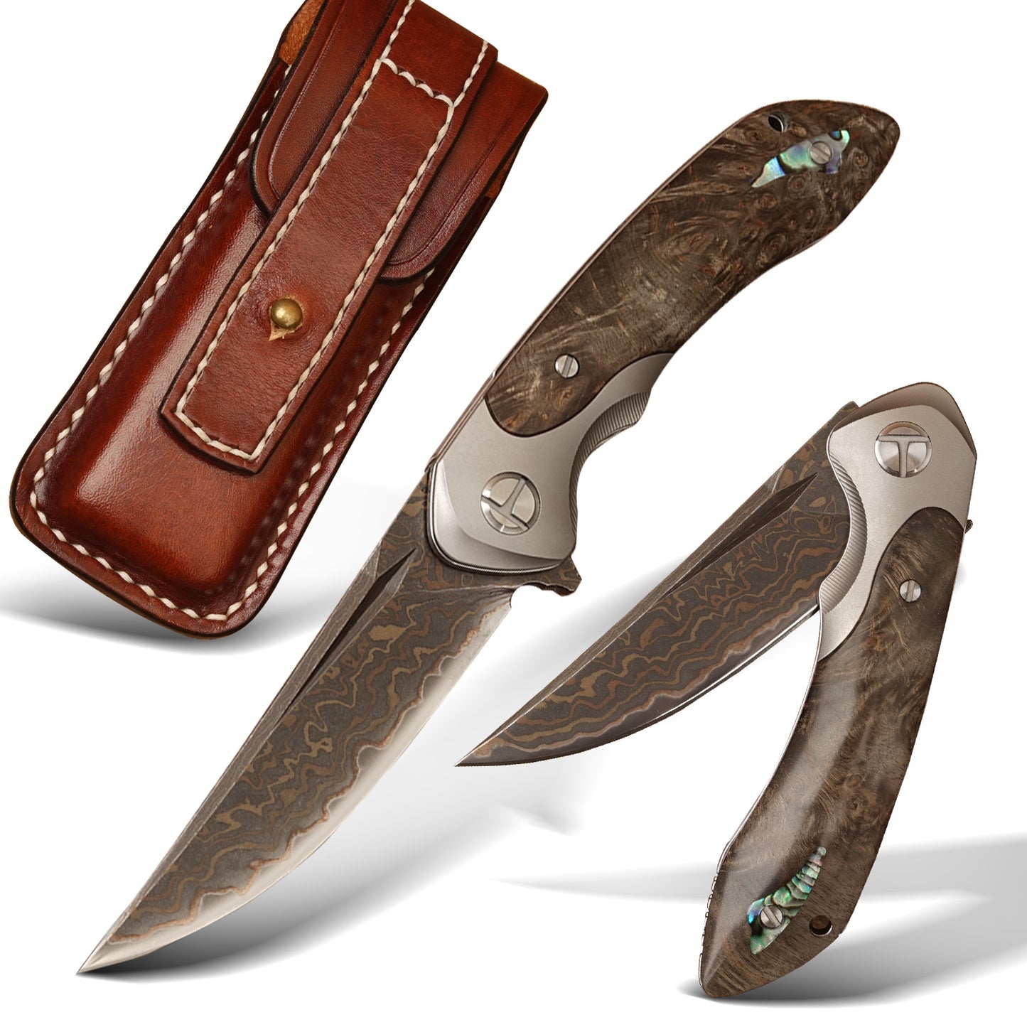 Spirit deed VG10 copper Damascus steel folding knife auspicious cloud pattern, mirror polished, TC4 titanium alloy and stable wooden handle, handmade leather sheath