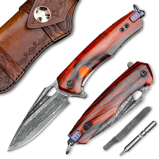 SPIRIT DEED 3 Inch Japanese Pocket Folding Knife,Vg10 Damascus Steel ,Rosewood Handle,Leather Sheath