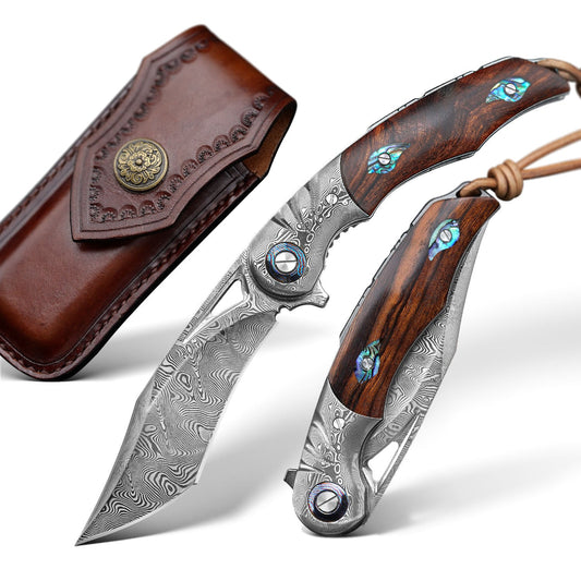 3.7 Inch Japanese Vg10 Core Damascus Steel Folding Knife,Desert Iron Wood Handle,Liner Lock