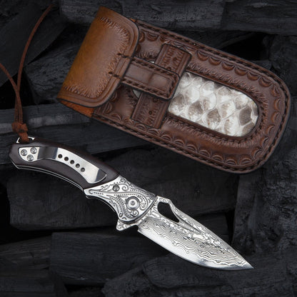 SPIRIT DEED 2.9 Inch Japanese Handmade Folding Knife with Pocket Clip,Vg10 Damascus Steel ,Leather Sheath,Rosewood Handle